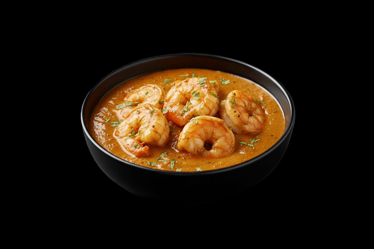 Jhinga Curry — Creamy king prawn curry mixed with mustard, coriander and cumin seeds, GB Canteen Beaconsfield
