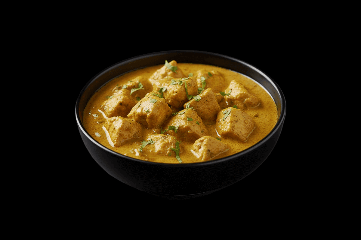 Methi Murgh — Diced chicken breast simmered in fresh turmeric, fenugreek leaves and mild Indian spices. Served in a rich, fla