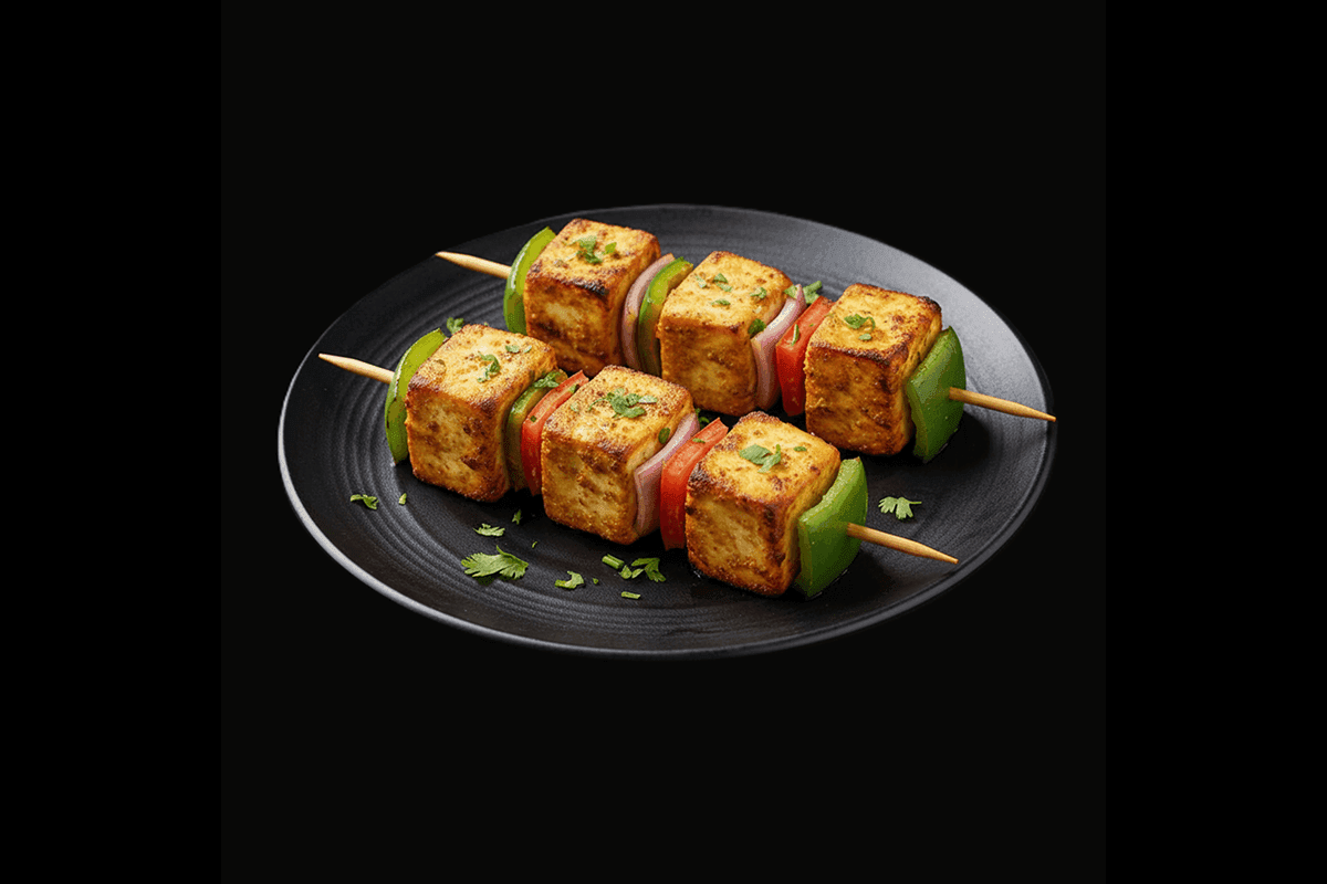 Tandoori Paneer Shashlik — Delicately spiced homemade Indian cheese with an assortment of vegetables, roasted in the tandoor,