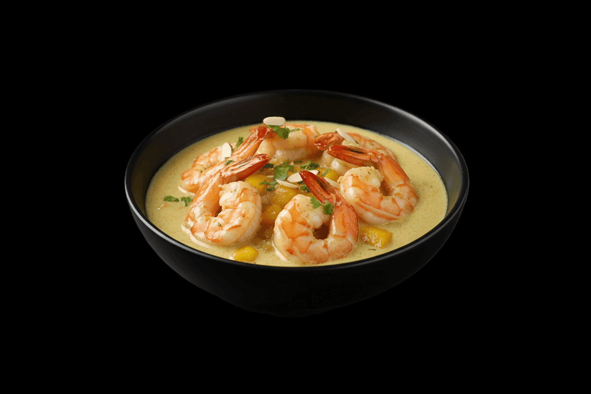 Tiger Prawn Asari — Tiger prawns grilled in the tandoor with mango, garlic and mild spices. This is a sweet tasting dish, GB