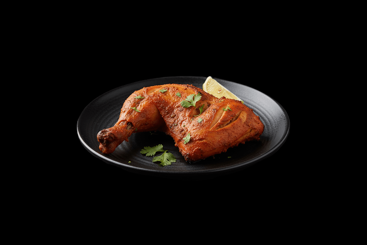 Tandoori Chicken — ¼ spring chicken marinated in traditional spices and cooked in the tandoor. Medium, GB Canteen Woodford In