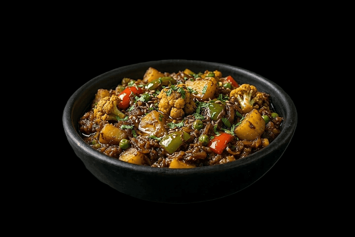 Vegetable Jalfrezi — A stir-fry-style curry made with vegetables, cooked with bell peppers, onions, and tomatoes, offering a