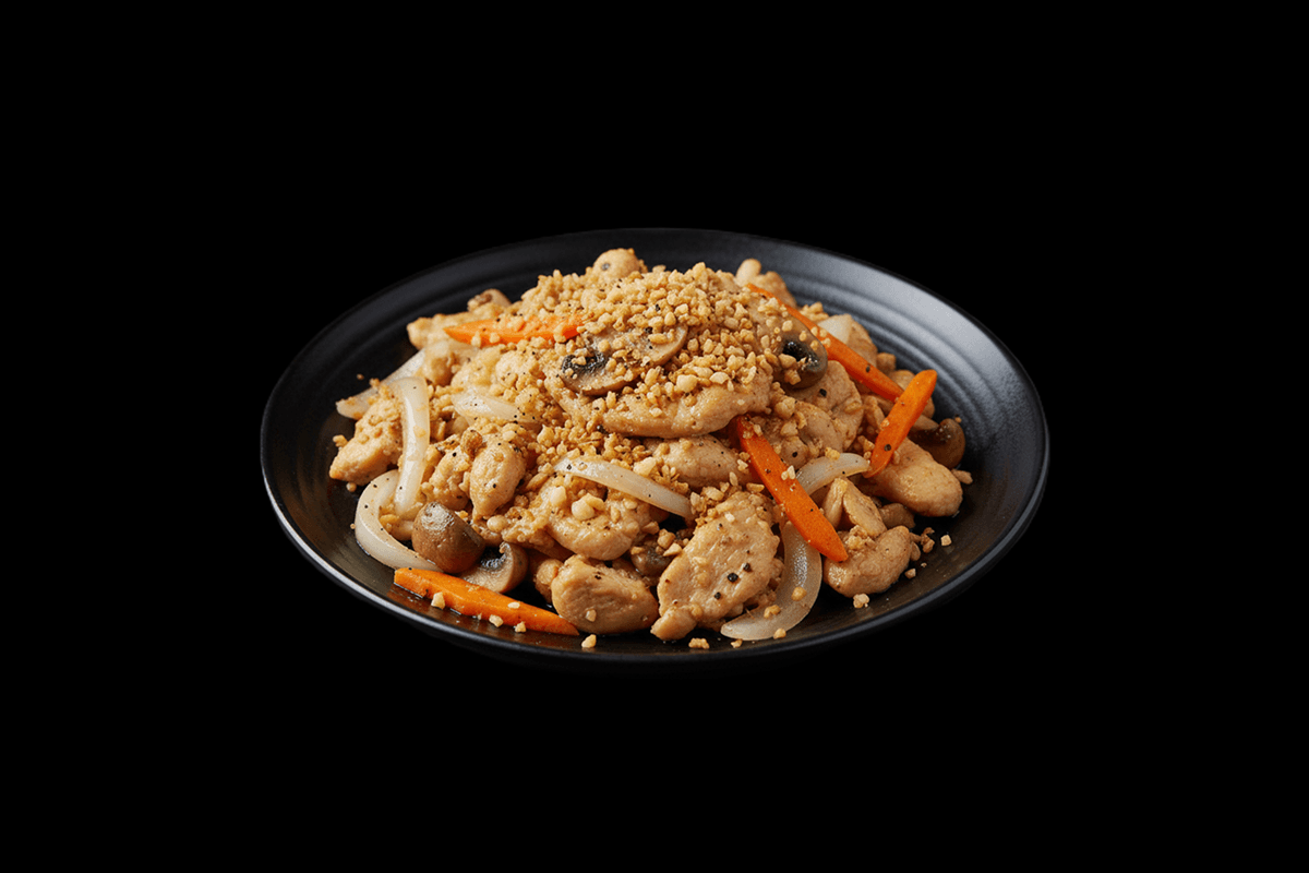 Pad Gratiem Prik-Tai — Stir-fried garlic & black pepper with onion, carrot & mushroom, GB Canteen Petts Wood Thai