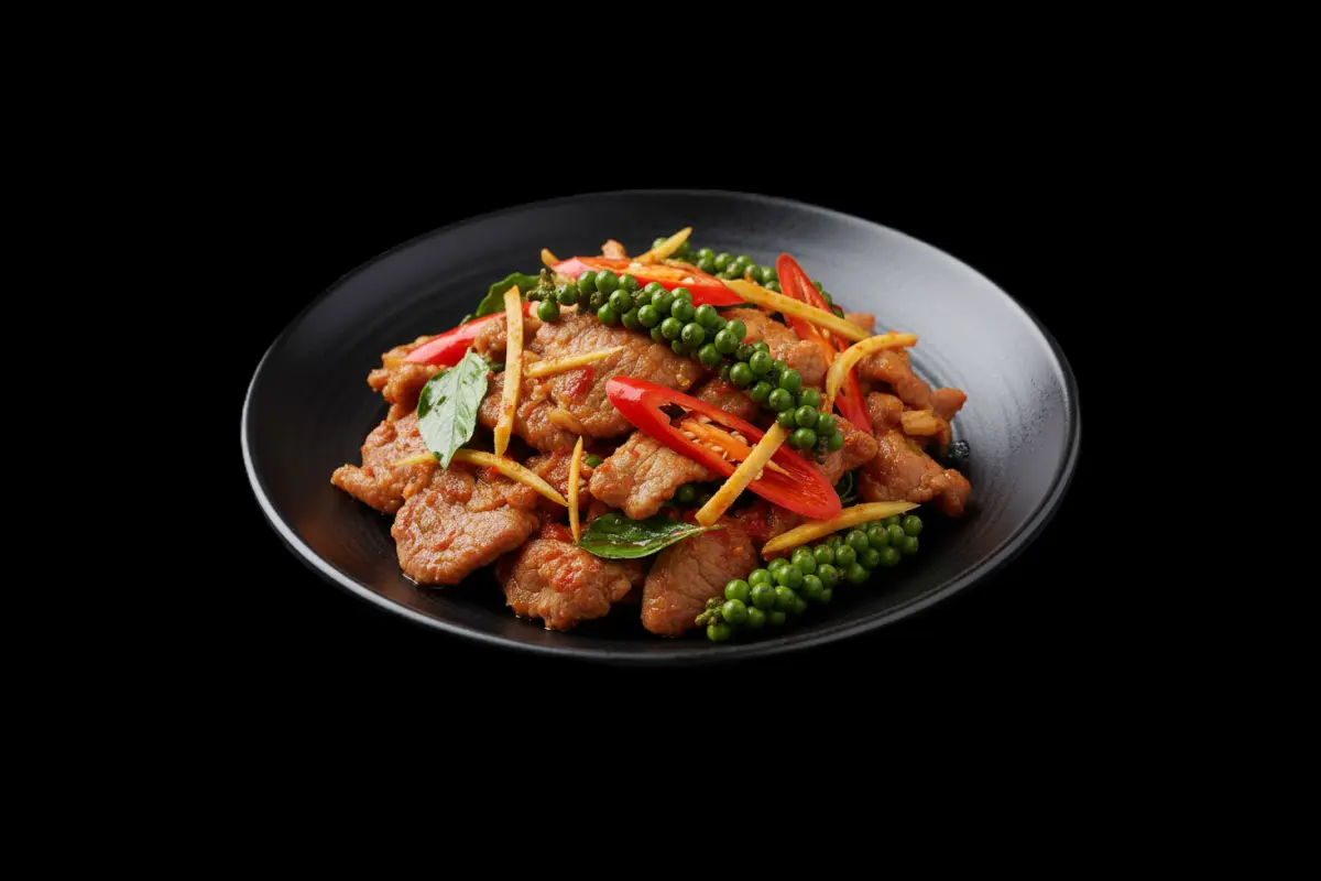 Chilli Lamb — Stir-fried lamb with red curry paste, green peppercorns & Thai basil, GB Canteen Petts Wood Thai