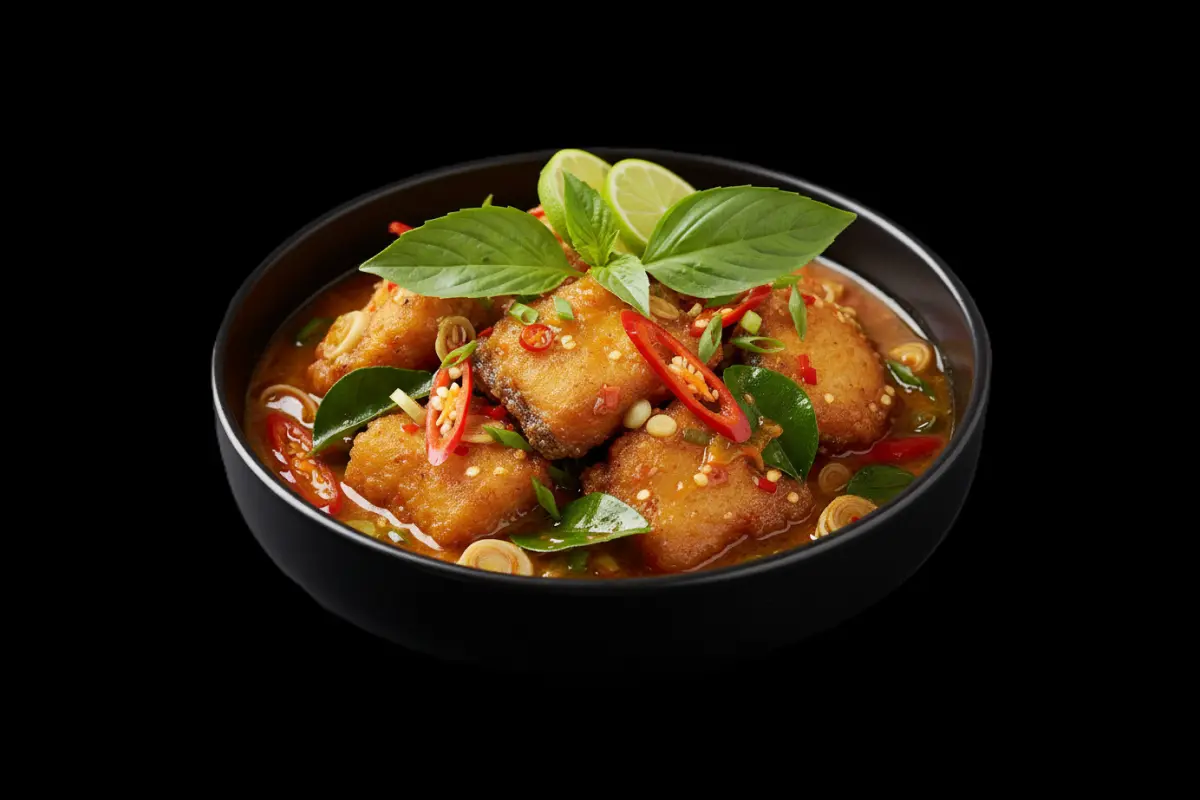 Crispy Sea Bass with Thai Herbs — Deep-fried sea bass topped with Thai herb sauce, GB Canteen Petts Wood Thai