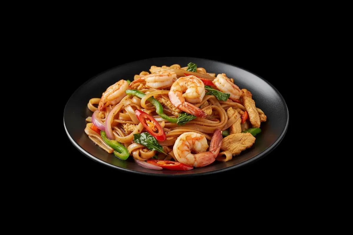 Chicken Pad Guay Teaw Kee-Mao — Spicy flat rice noodles with Thai herbs & holy basil, GB Canteen Petts Wood Thai