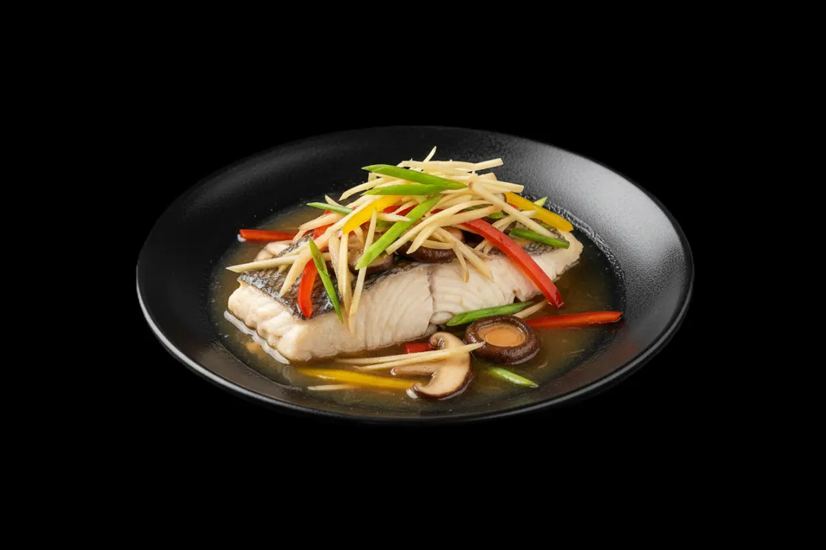 Steamed Sea Bass with Ginger — Steamed sea bass with soya sauce, ginger, spring onion & mushroom, GB Canteen Petts Wood Thai