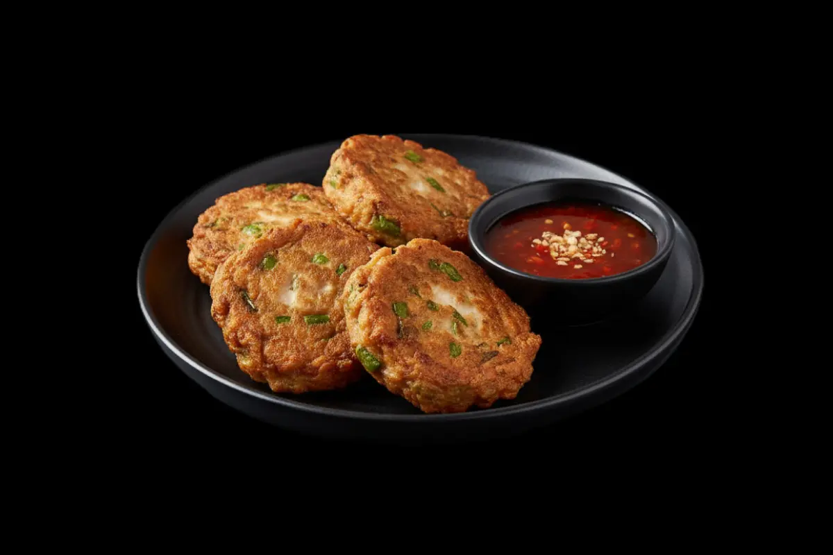 Thai Fish Cake — Ground white fish with red curry paste & kaffir lime leaves, GB Canteen Petts Wood Thai