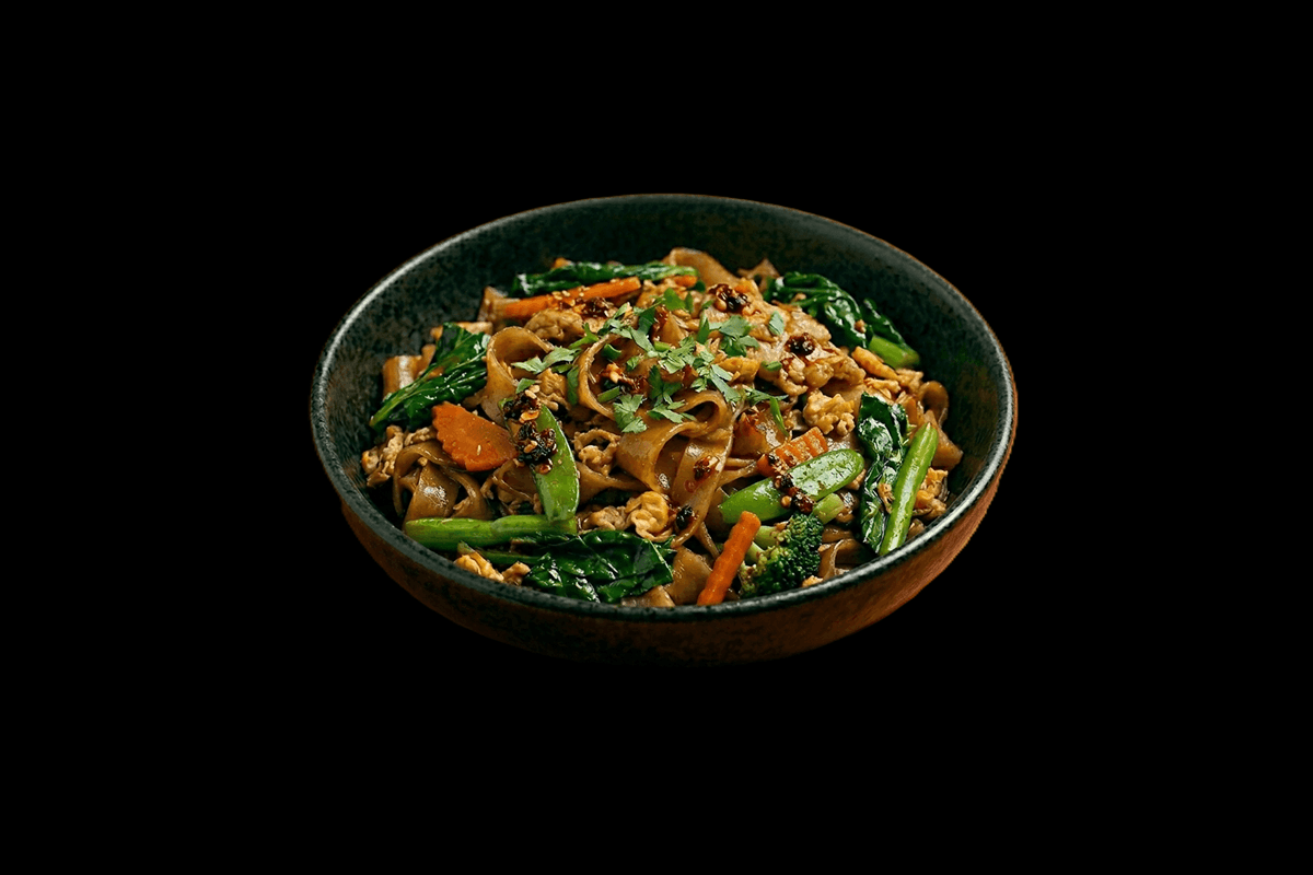 Vegetable Pad Se Eew — Thick flat rice noodles with greens, egg & dark soya sauce, GB Canteen Petts Wood Thai