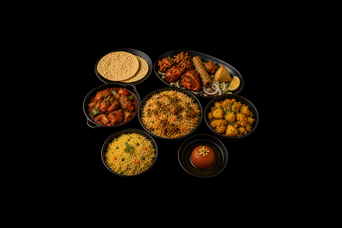 Set Meal for Two — 2 papadoms, mixed starters, chicken tikka balti, mixed biryani, aloo gobi, pilau rice & sweet, GB Canteen