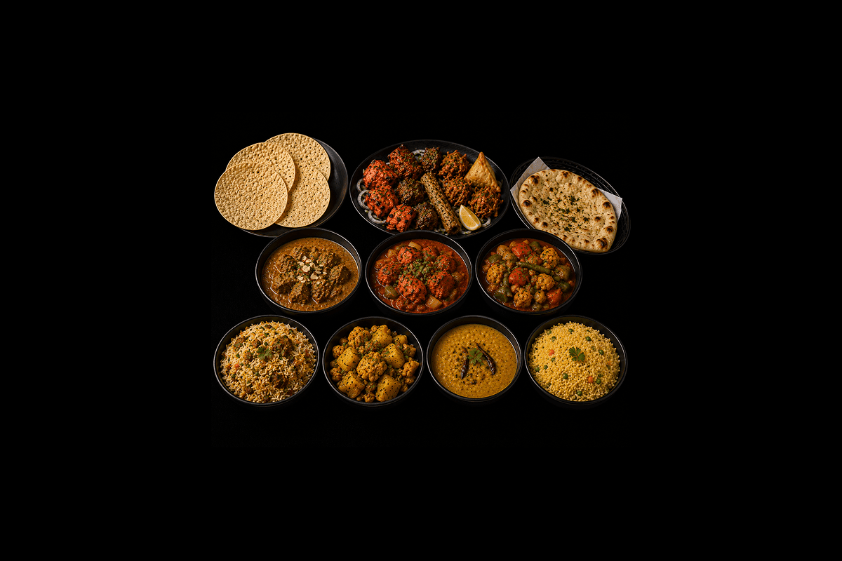 Set Meal for Four — 4 papadoms, mixed starters, lamb passanda, chicken tikka bhuna, vegetable balti, mixed biryani, 2 aloo go