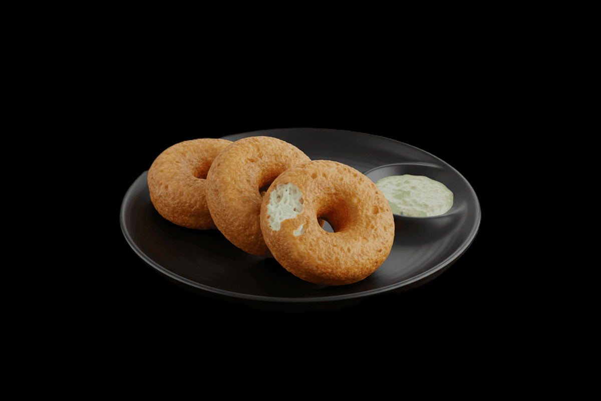 Sambhar Vada — Deep-fried lentil doughnut, served with coconut and tomato chutney and sambar. Vegan, GB Canteen Maidenhead