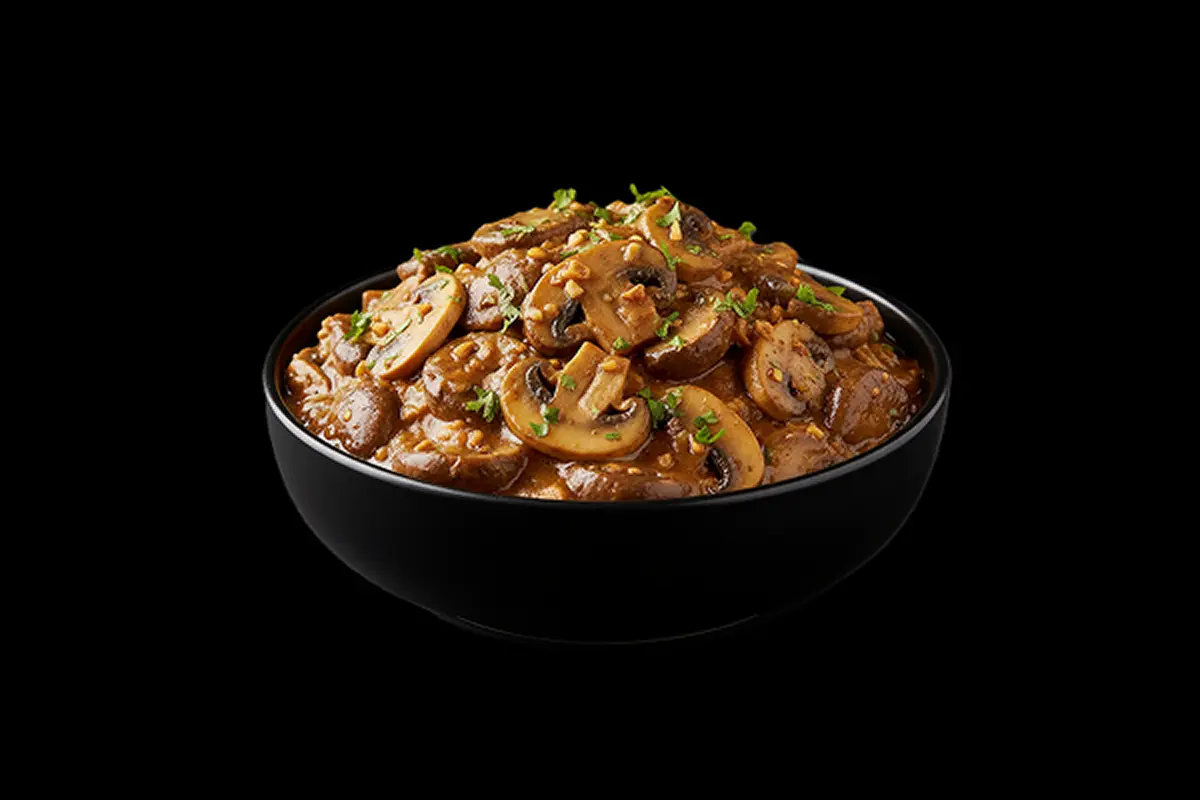 Garlic Mushroom Bhaji — Sliced mushrooms cooked with garlic and mild spices, GB Canteen Wellington