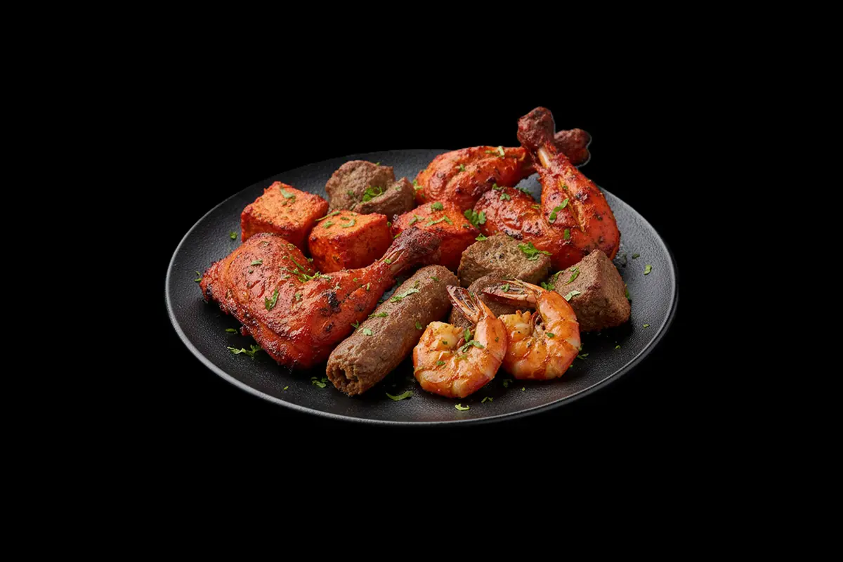 Tandoori Mix Grill — Tandoori chicken, chicken tikka, lamb tikka, sheek kebab, and king prawn with, GB Canteen Wellington