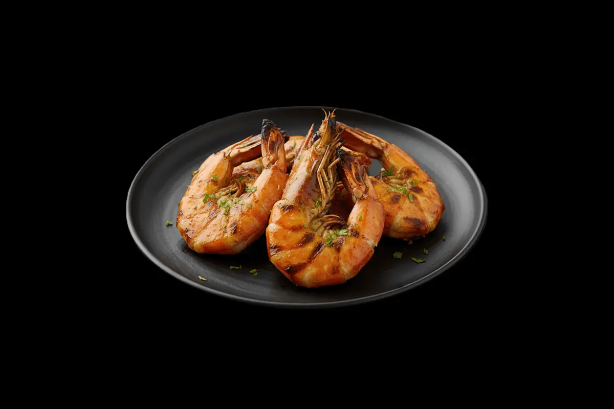 Adha Jinga — Jumbo prawns pickled in garlic, ginger,fenugreek and lemon juice, baked in the tandoor. Medium, GB Canteen Woodf