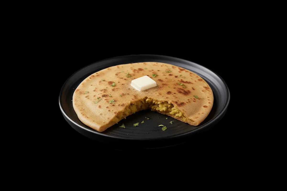 Aloo Paratha — A stuffed flatbread made with whole wheat flour and filled with spiced mashed potatoes. Its soft, hearty, and