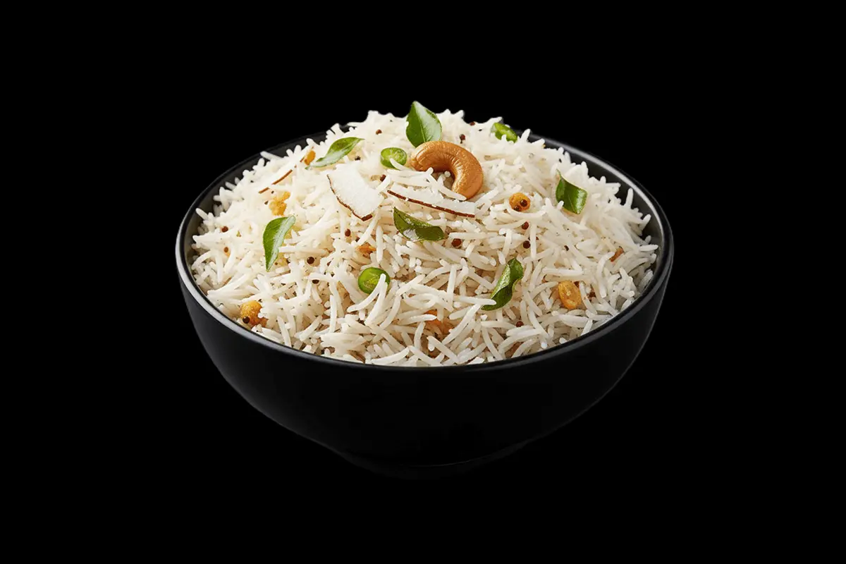 Coconut Rice — Rice cooked with coconut, giving it a fragrant, subtly sweet flavor. It pairs well with spicy or tangy dishes,