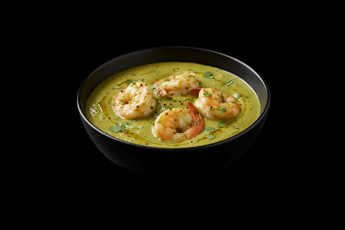 Jingha Hara Jhul — Delicately spiced king prawn cooked in a rich sauce of yoghurt, garlic, fresh coriander, green chillies an