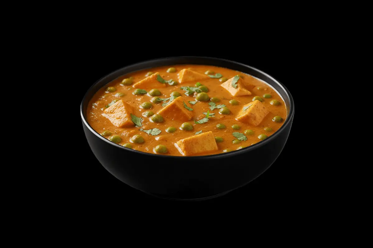 Matar Paneer — A vegetarian curry made with paneer and peas in a rich, spiced tomato gravy. Its creamy, comforting, and full