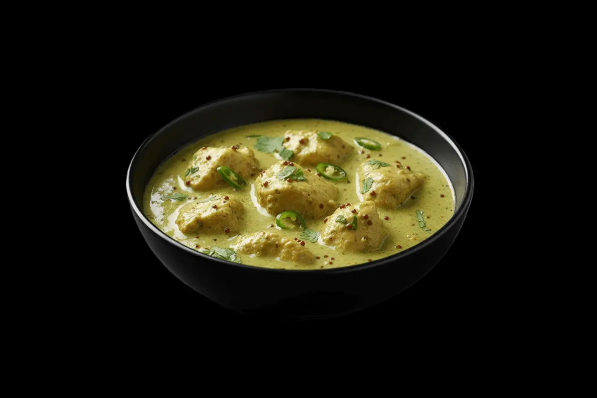 Murgh Hara Jhul — Delicately spiced chicken cooked in a rich sauce of yoghurt, garlic, fresh coriander, green chilies and who