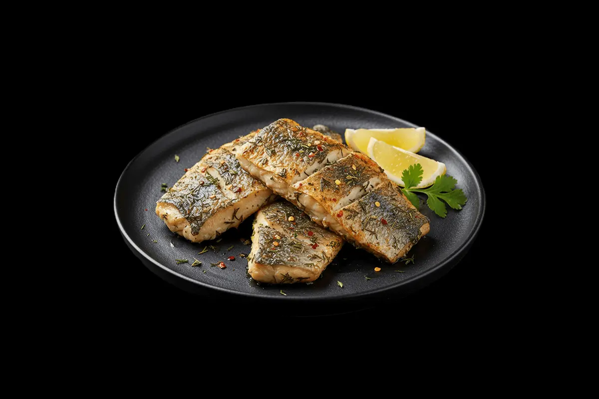 Sea Bas — Lightly seasoned Whole Sea bass, marinated in a selection of fresh herbs and spices then baked in the clay oven - s