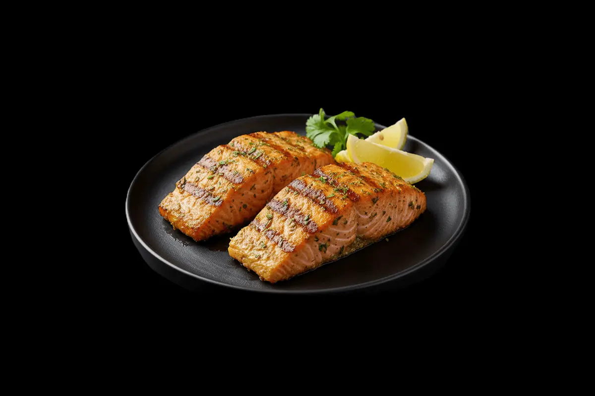 Sula Salmon — A classical Rajasthani kebab of Scottish salmon, gently baked in the tandoor with fresh ground herbs & spices,
